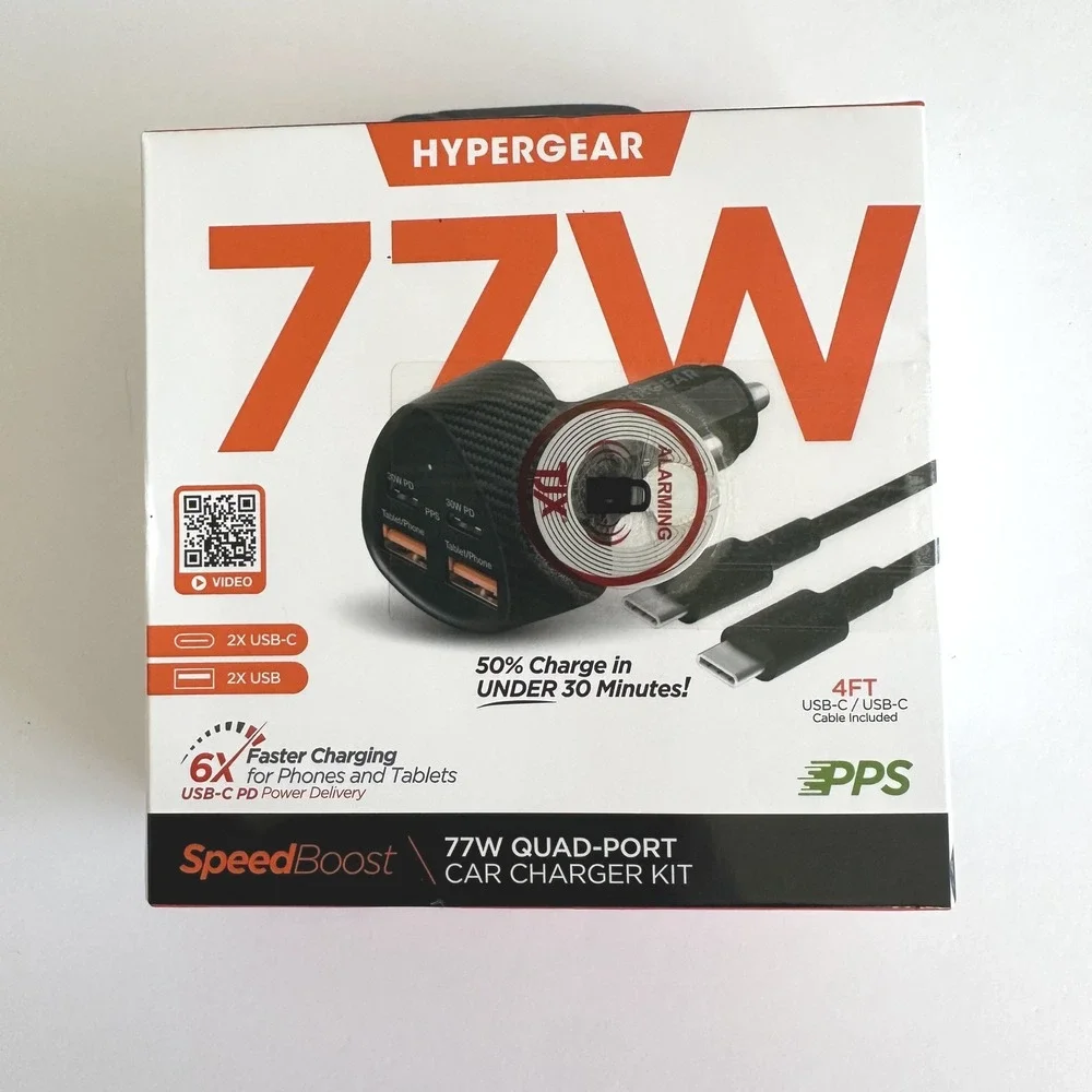 HyperGear SpeedBoost 77W Quad-Port Car Charger Kit 2x USB-C 2x USB 4ft Cable Blk